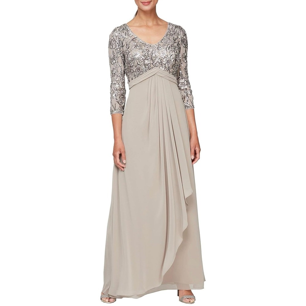 Alex Evenings Women's Long Lace Top Empire Waist Dress, Mink, 12
